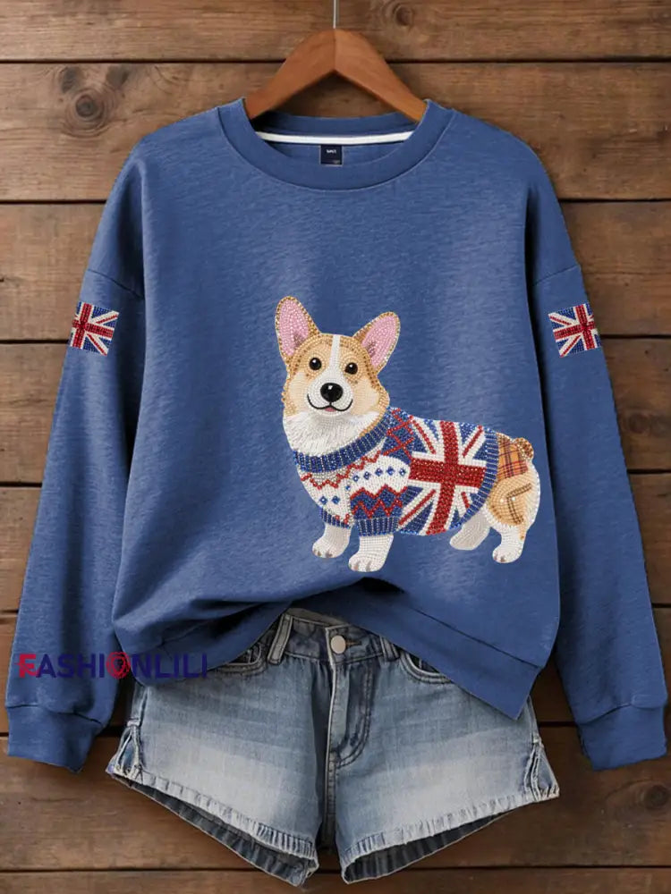 Women’s British imitation diamond hot drilling Printed Iron On Short Sleeve T Shirt Blue / S