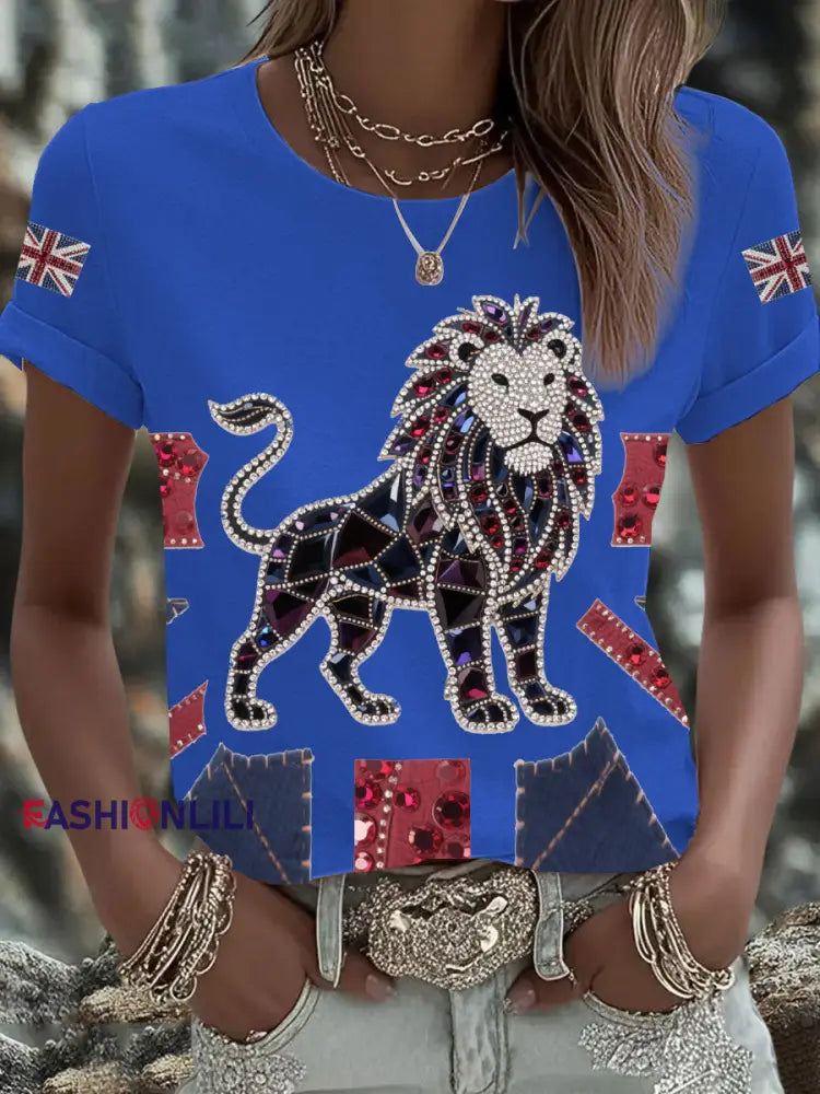 Women’s British imitation diamond hot drilling Printed Iron On Short Sleeve T Shirt Blue / S