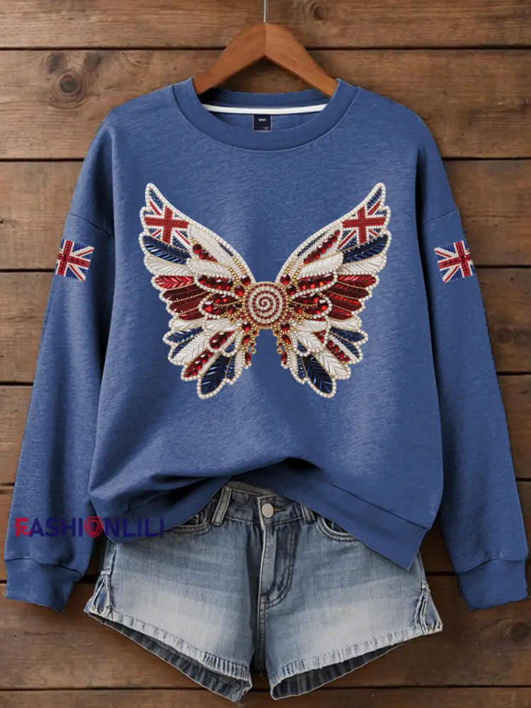 Women’s British imitation diamond hot drilling Printed Iron On Short Sleeve T Shirt Blue / S