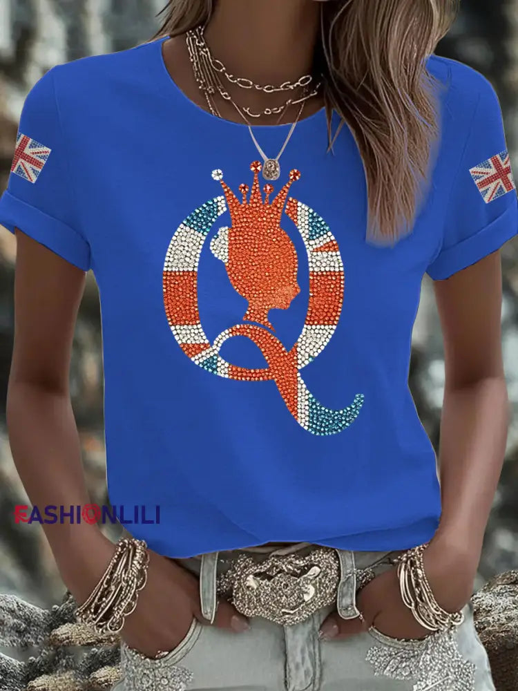 Women’s British imitation diamond hot drilling Printed Iron On Short Sleeve T Shirt Blue / S