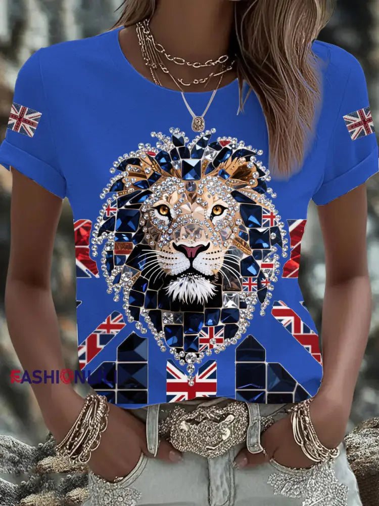 Women’s British imitation diamond hot drilling Printed Iron On Short Sleeve T Shirt Blue / S