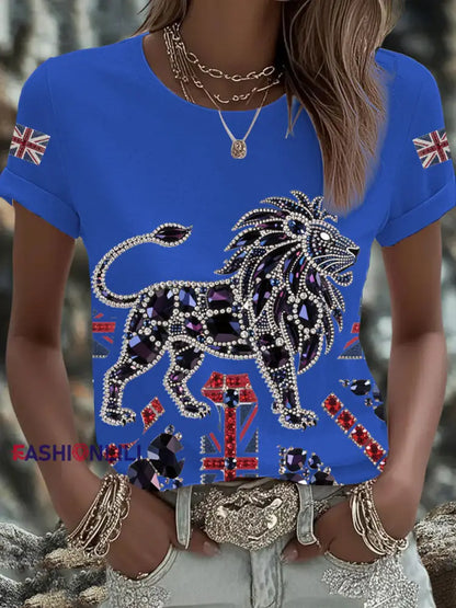 Women’s British imitation diamond hot drilling Printed Iron On Short Sleeve T Shirt Blue / S