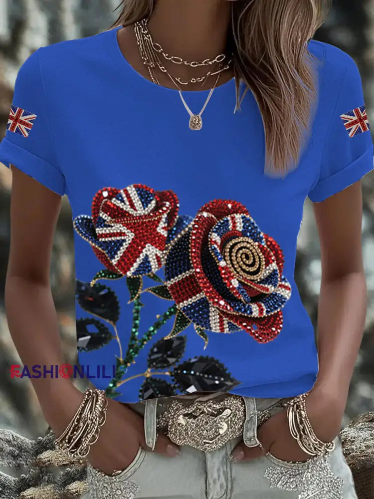 Women’s British imitation diamond hot drilling Printed Iron On Short Sleeve T Shirt Blue / S