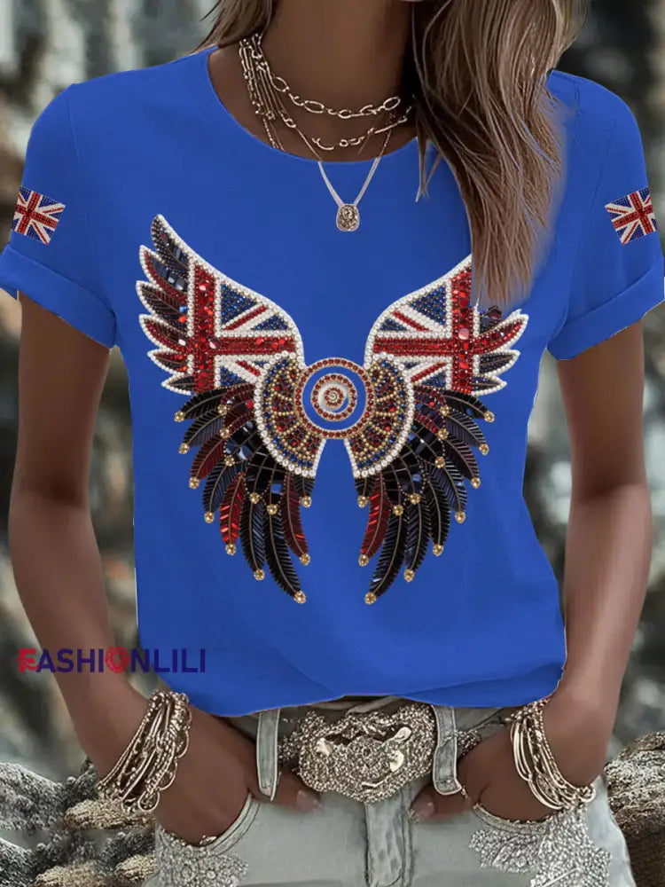 Women’s British imitation diamond hot drilling Printed Iron On Short Sleeve T Shirt Blue / S
