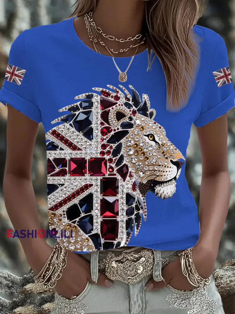 Women’s British imitation diamond hot drilling Printed Iron On Short Sleeve T Shirt Blue / S