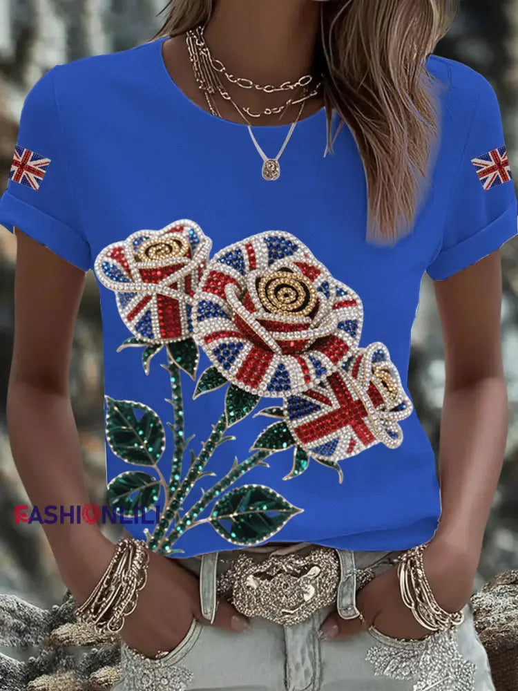 Women’s British imitation diamond hot drilling Printed Iron On Short Sleeve T Shirt Blue / S