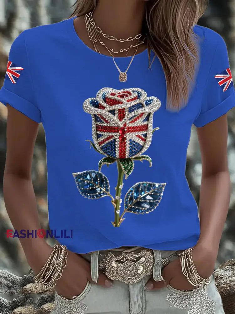 Women’s British imitation diamond hot drilling Printed Iron On Short Sleeve T Shirt Blue / S
