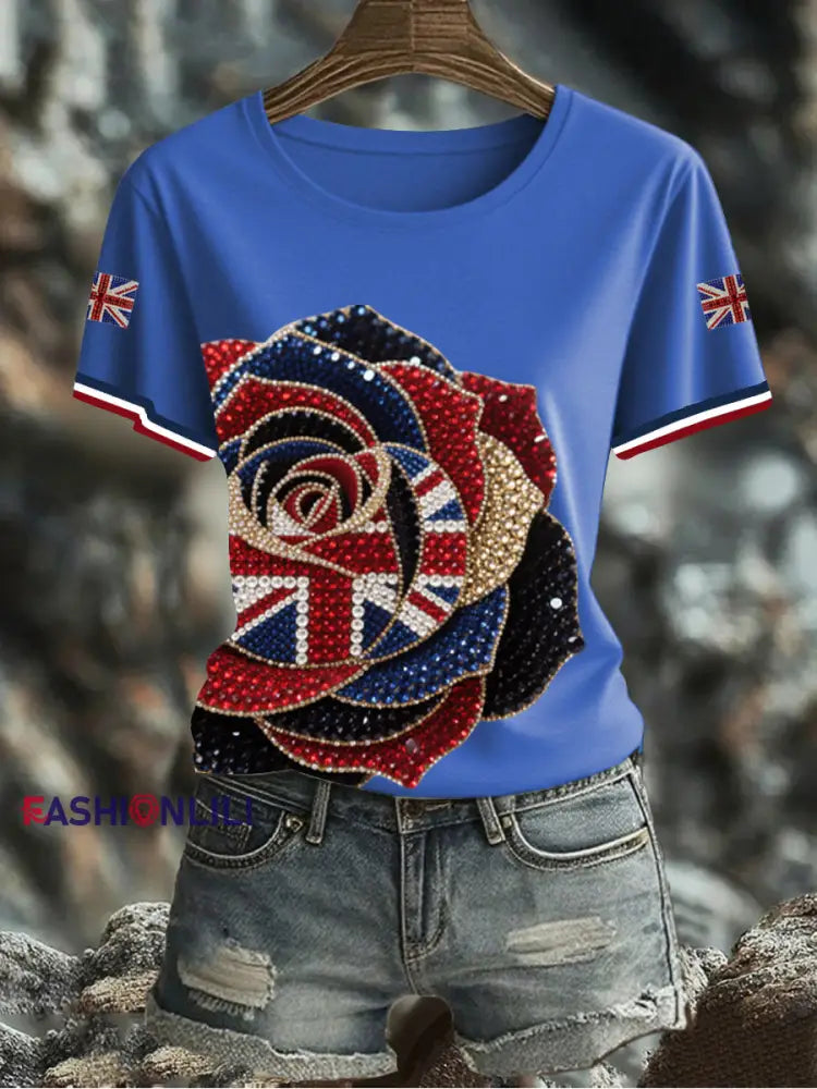 Women’s British imitation diamond hot drilling Printed Iron On Short Sleeve T Shirt Blue / S