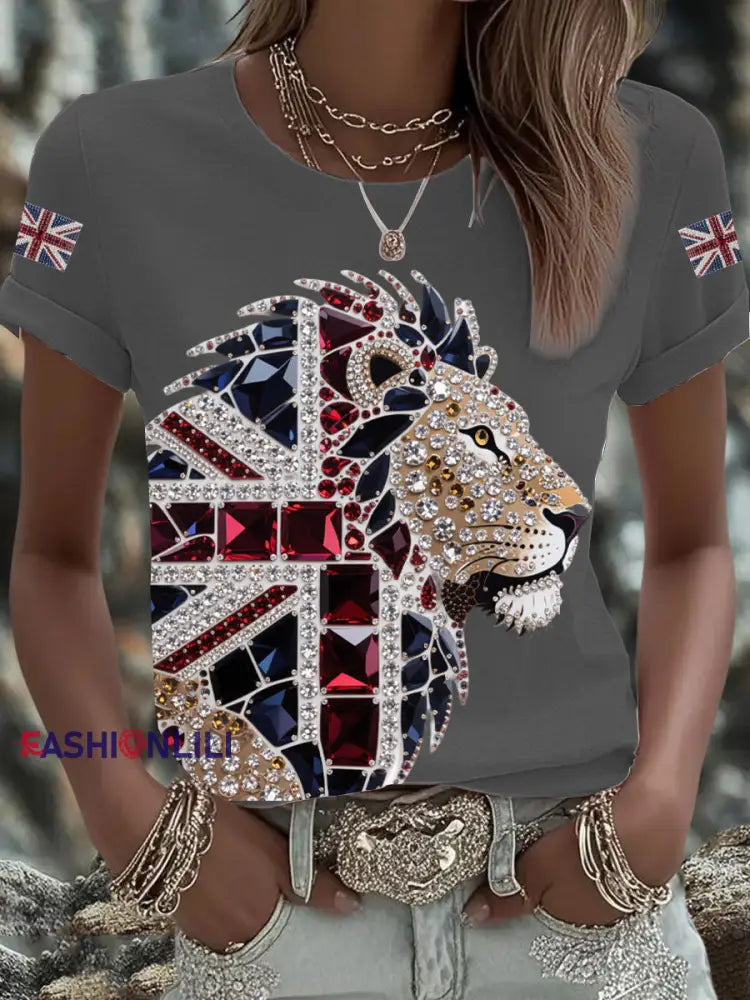 Women’s British imitation diamond hot drilling Printed Iron On Short Sleeve T Shirt Dark Gray / S