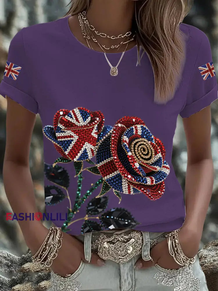 Women’s British imitation diamond hot drilling Printed Iron On Short Sleeve T Shirt Deep Purple / S