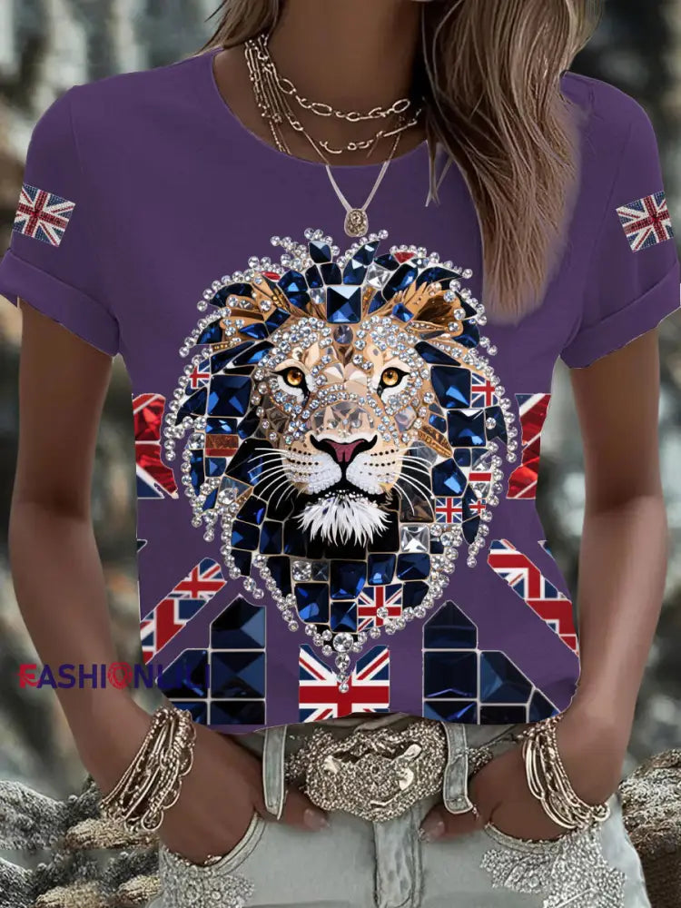 Women’s British imitation diamond hot drilling Printed Iron On Short Sleeve T Shirt Deep Purple / S