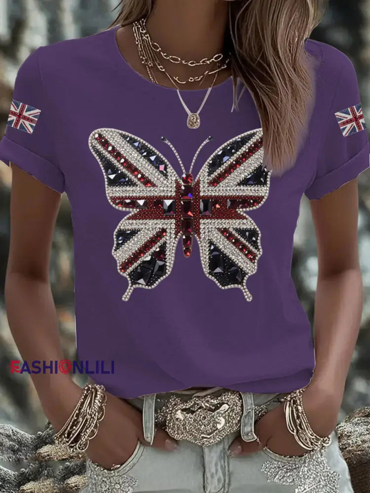Women’s British imitation diamond hot drilling Printed Iron On Short Sleeve T Shirt Deep Purple / S