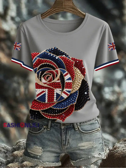 Women’s British imitation diamond hot drilling Printed Iron On Short Sleeve T Shirt Gray / S