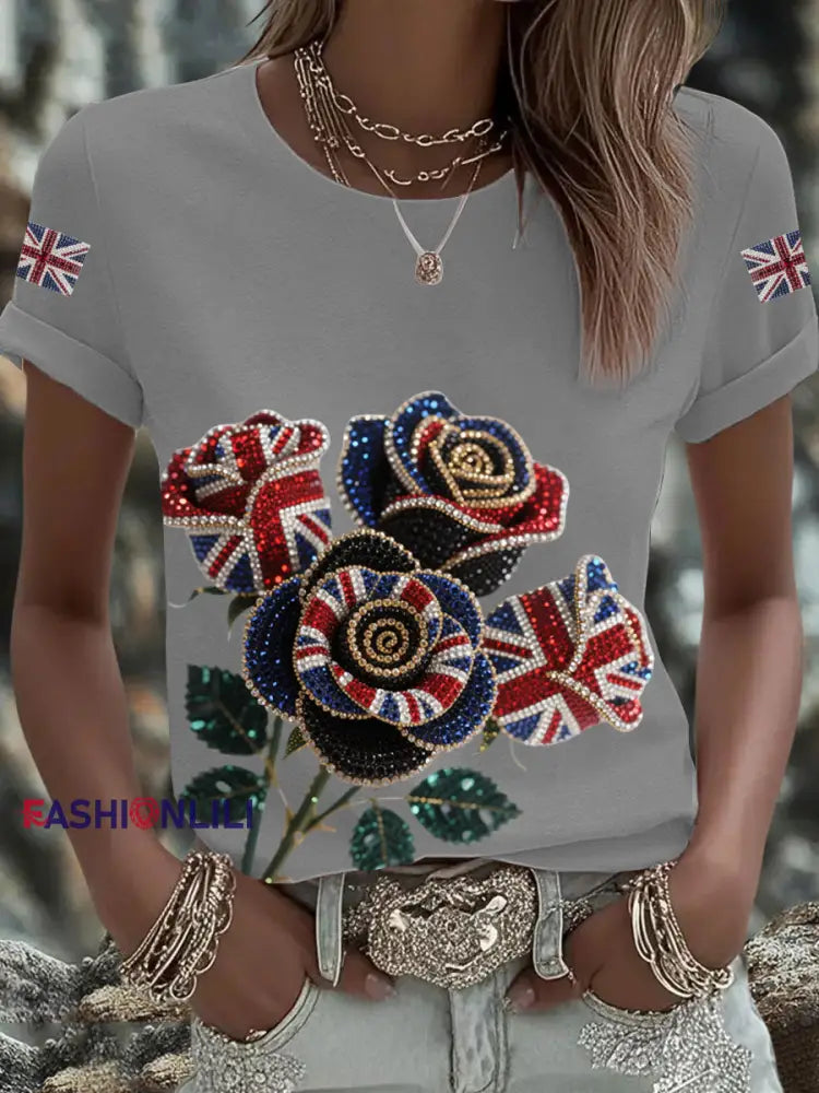 Women’s British imitation diamond hot drilling Printed Iron On Short Sleeve T Shirt Light Gray / S