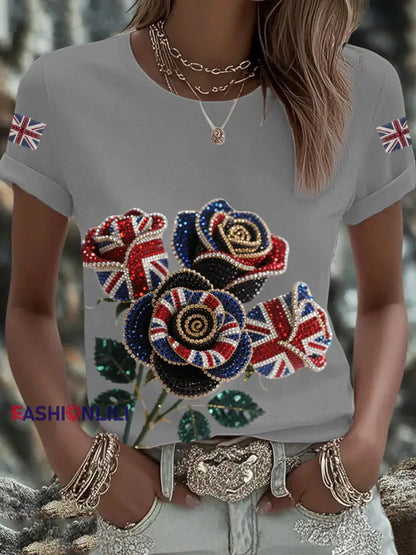 Women’s British imitation diamond hot drilling Printed Iron On Short Sleeve T Shirt Light Gray / S