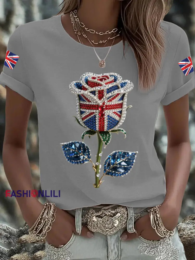 Women’s British imitation diamond hot drilling Printed Iron On Short Sleeve T Shirt Light Gray / S