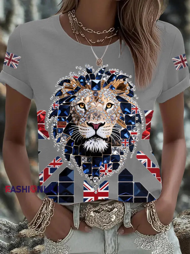 Women’s British imitation diamond hot drilling Printed Iron On Short Sleeve T Shirt Light Gray / S