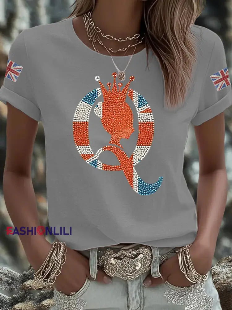Women’s British imitation diamond hot drilling Printed Iron On Short Sleeve T Shirt Light Gray / S