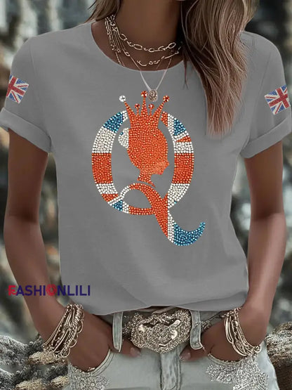 Women’s British imitation diamond hot drilling Printed Iron On Short Sleeve T Shirt Light Gray / S