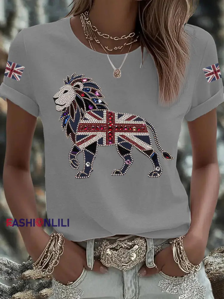 Women’s British imitation diamond hot drilling Printed Iron On Short Sleeve T Shirt Light Gray / S