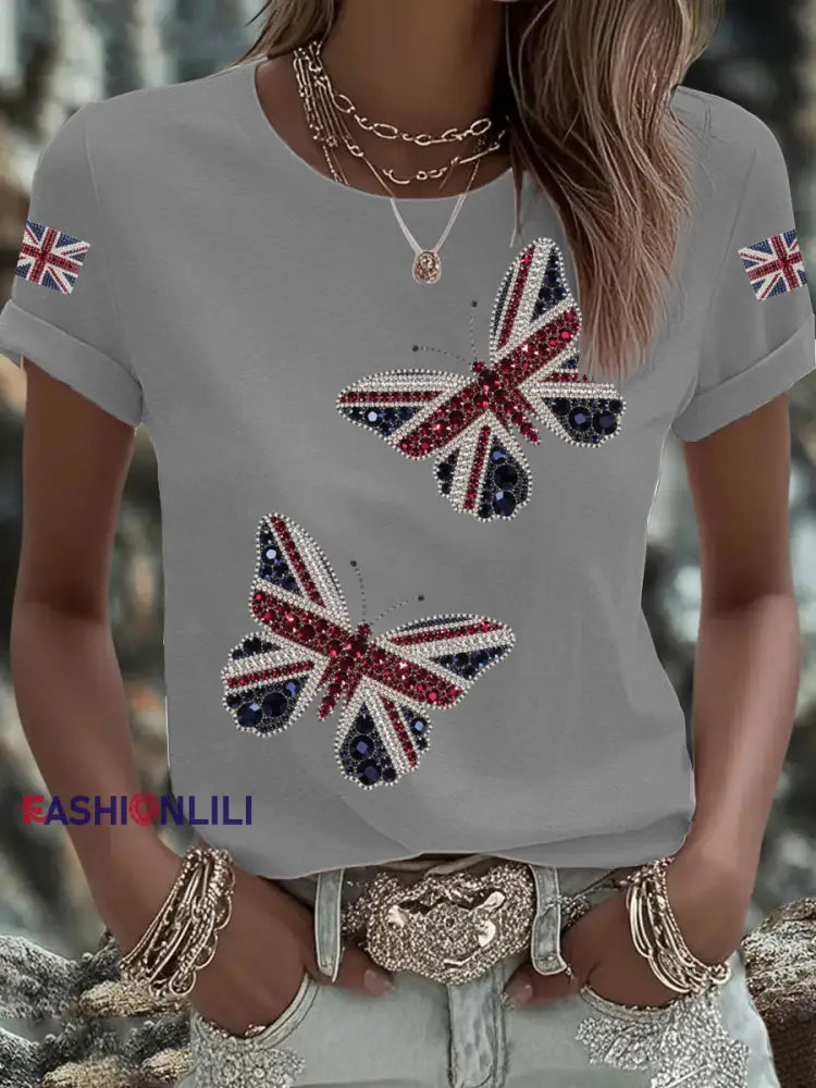 Women’s British imitation diamond hot drilling Printed Iron On Short Sleeve T Shirt Light Gray / S
