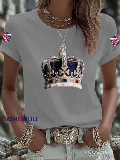 Women’s British imitation diamond hot drilling Printed Iron On Short Sleeve T Shirt Light Gray / S