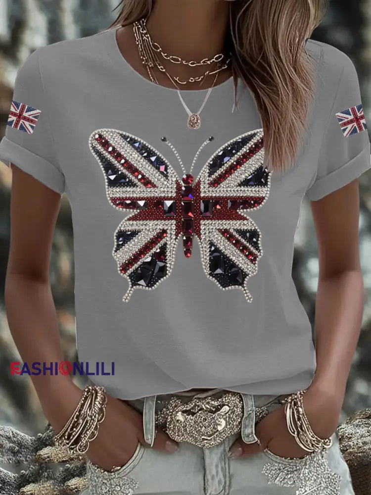 Women’s British imitation diamond hot drilling Printed Iron On Short Sleeve T Shirt Light Gray / S