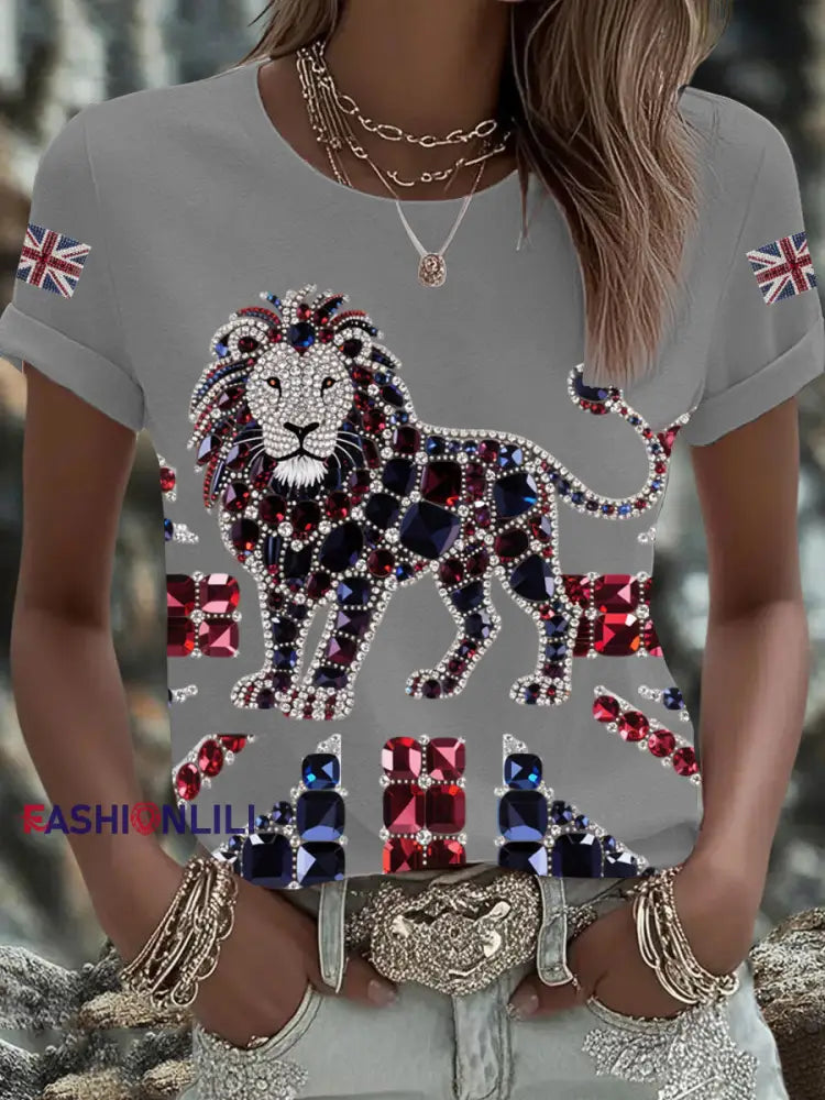 Women’s British imitation diamond hot drilling Printed Iron On Short Sleeve T Shirt Light Gray / S