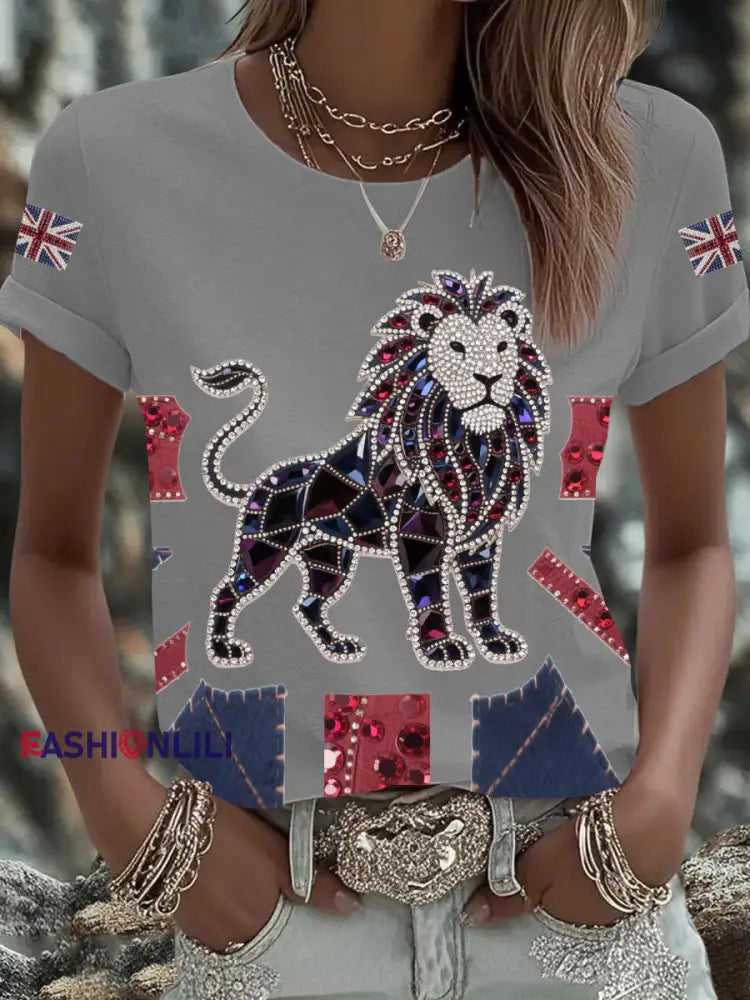 Women’s British imitation diamond hot drilling Printed Iron On Short Sleeve T Shirt Light Gray / S