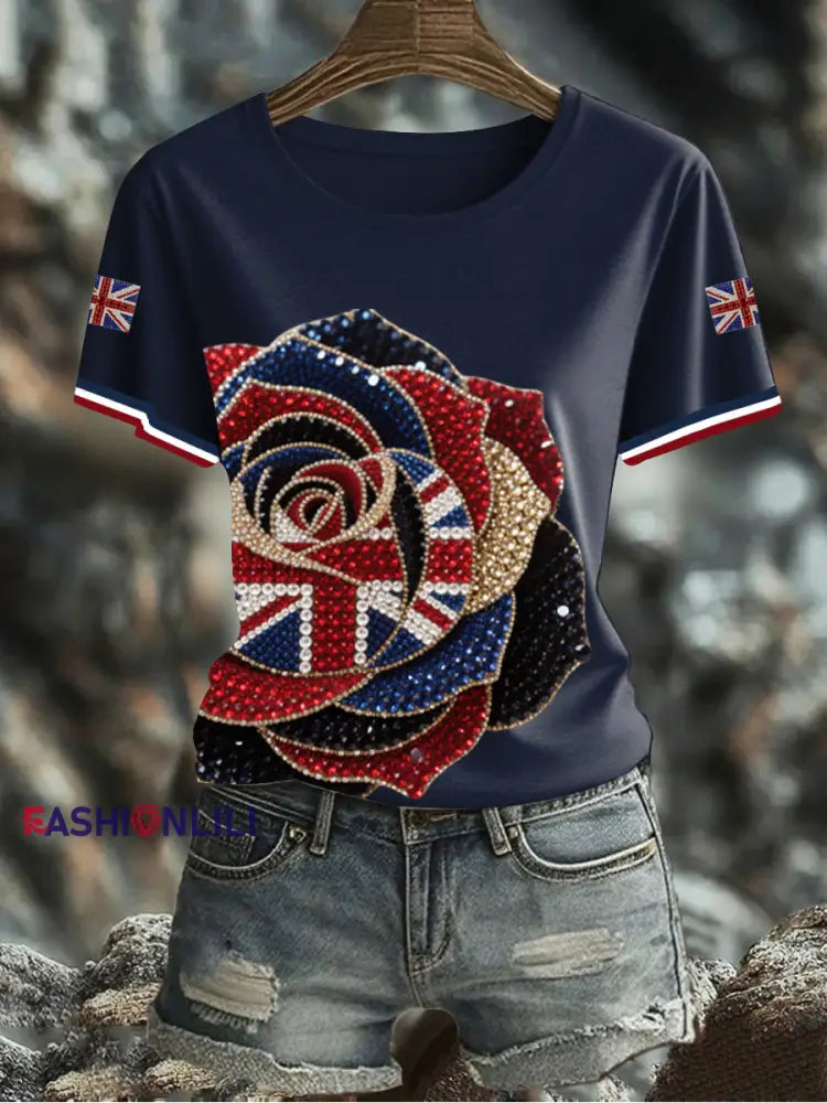 Women’s British imitation diamond hot drilling Printed Iron On Short Sleeve T Shirt Navy Blue / S
