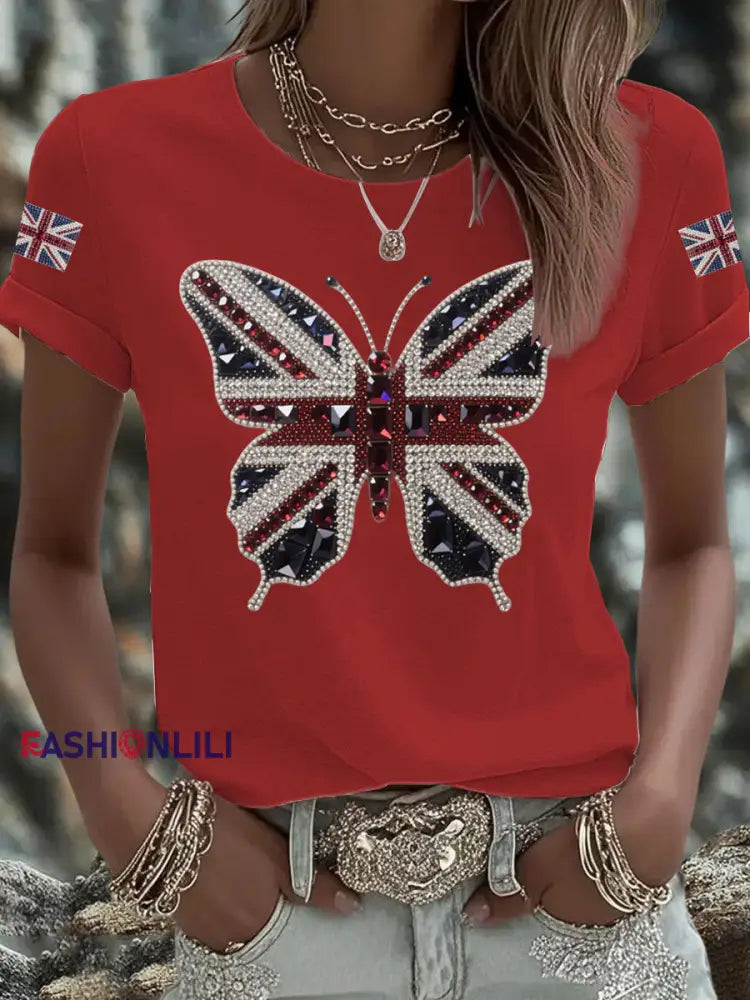Women’s British imitation diamond hot drilling Printed Iron On Short Sleeve T Shirt Red / S
