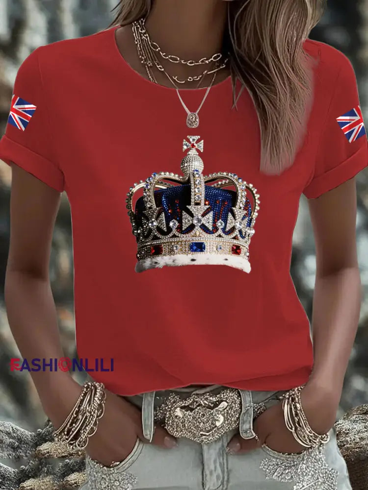 Women’s British imitation diamond hot drilling Printed Iron On Short Sleeve T Shirt Red / S