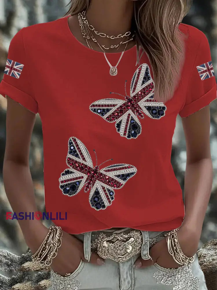 Women’s British imitation diamond hot drilling Printed Iron On Short Sleeve T Shirt Red / S