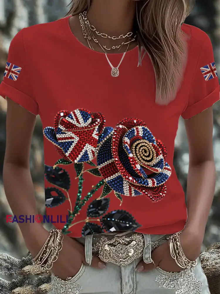 Women’s British imitation diamond hot drilling Printed Iron On Short Sleeve T Shirt Red / S