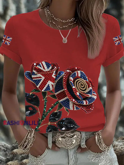 Women’s British imitation diamond hot drilling Printed Iron On Short Sleeve T Shirt Red / S
