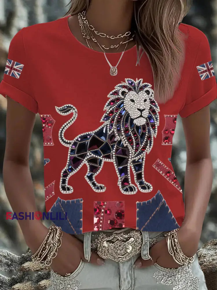 Women’s British imitation diamond hot drilling Printed Iron On Short Sleeve T Shirt Red / S