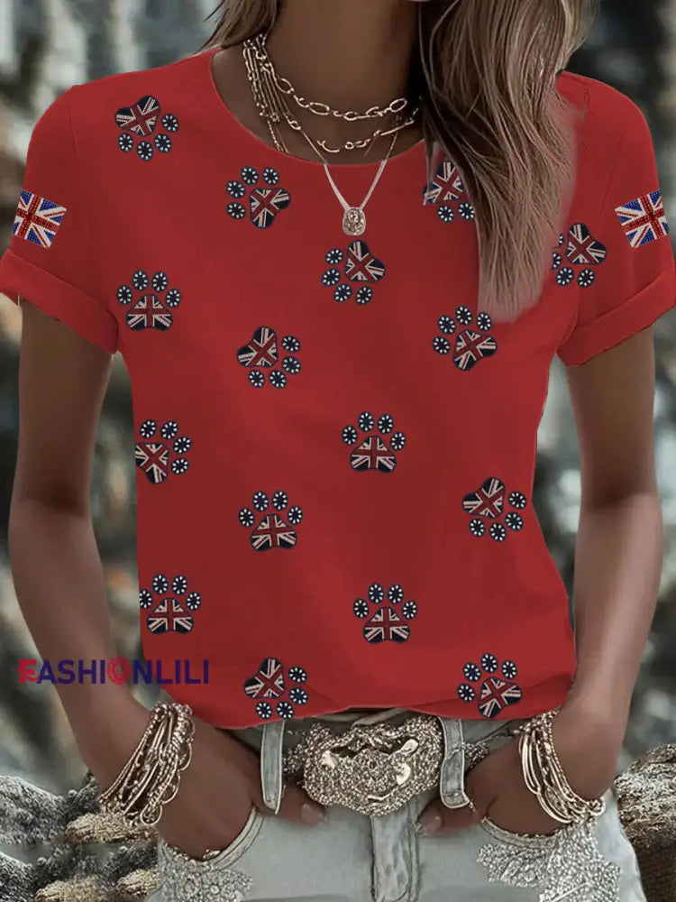 Women’s British imitation diamond hot drilling Printed Iron On Short Sleeve T Shirt Red / S