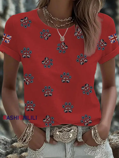 Women’s British imitation diamond hot drilling Printed Iron On Short Sleeve T Shirt Red / S