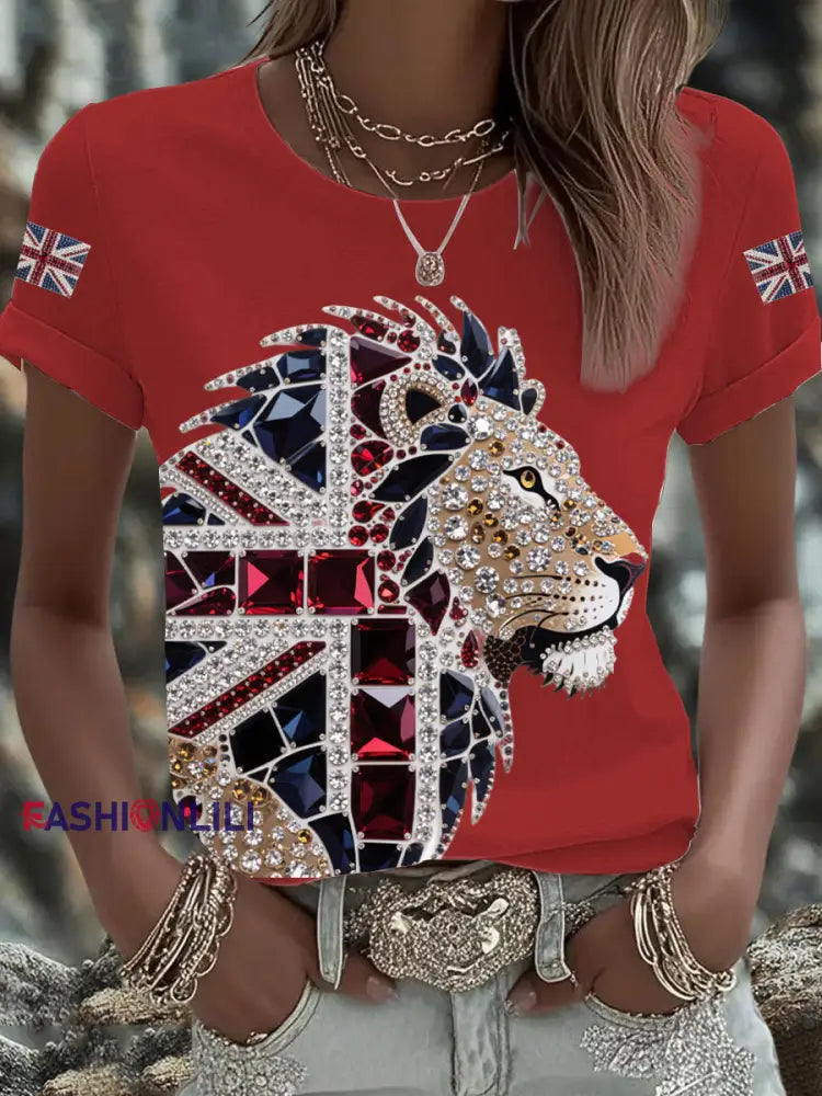 Women’s British imitation diamond hot drilling Printed Iron On Short Sleeve T Shirt Red / S