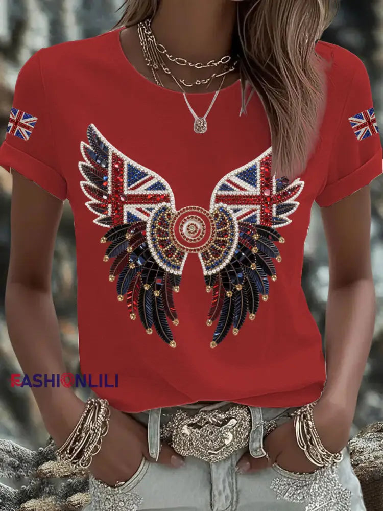 Women’s British imitation diamond hot drilling Printed Iron On Short Sleeve T Shirt Red / S