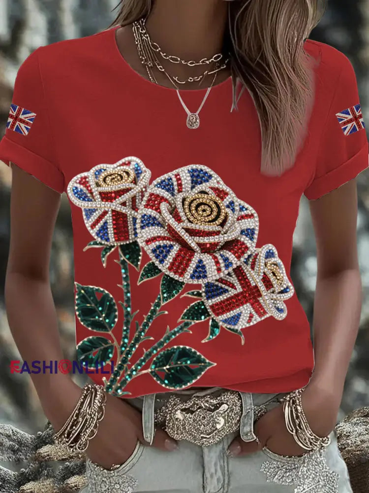 Women’s British imitation diamond hot drilling Printed Iron On Short Sleeve T Shirt Red / S