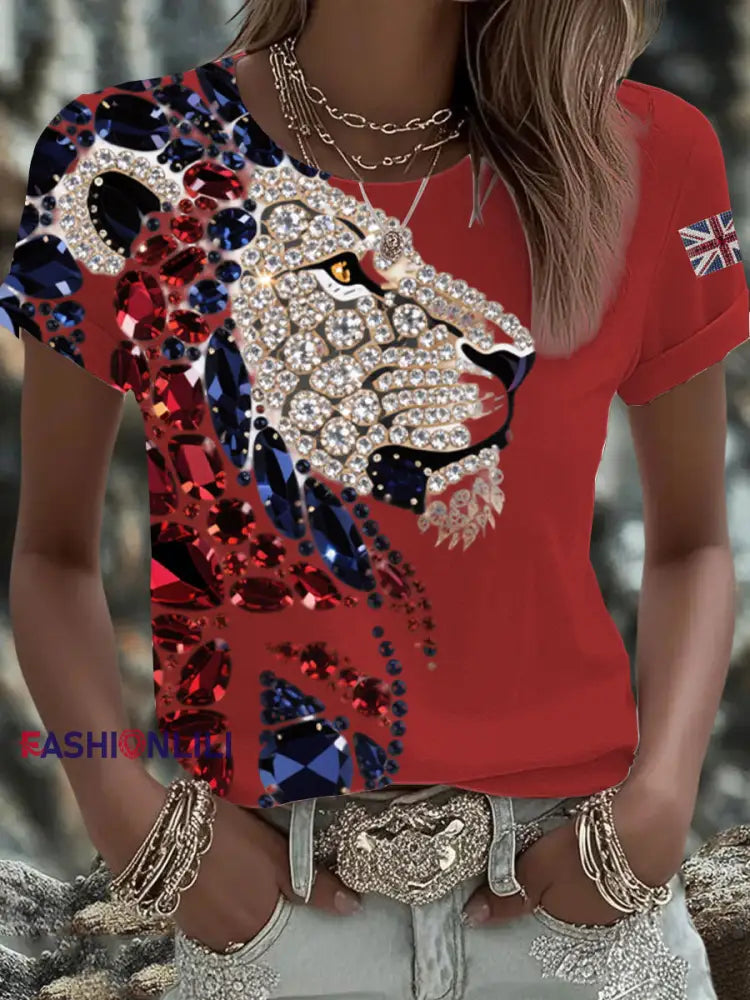 Women’s British imitation diamond hot drilling Printed Iron On Short Sleeve T Shirt Red / S