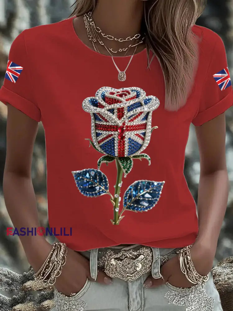 Women’s British imitation diamond hot drilling Printed Iron On Short Sleeve T Shirt Red / S