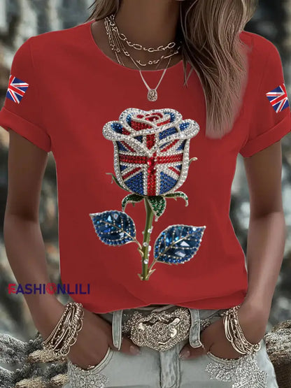 Women’s British imitation diamond hot drilling Printed Iron On Short Sleeve T Shirt Red / S