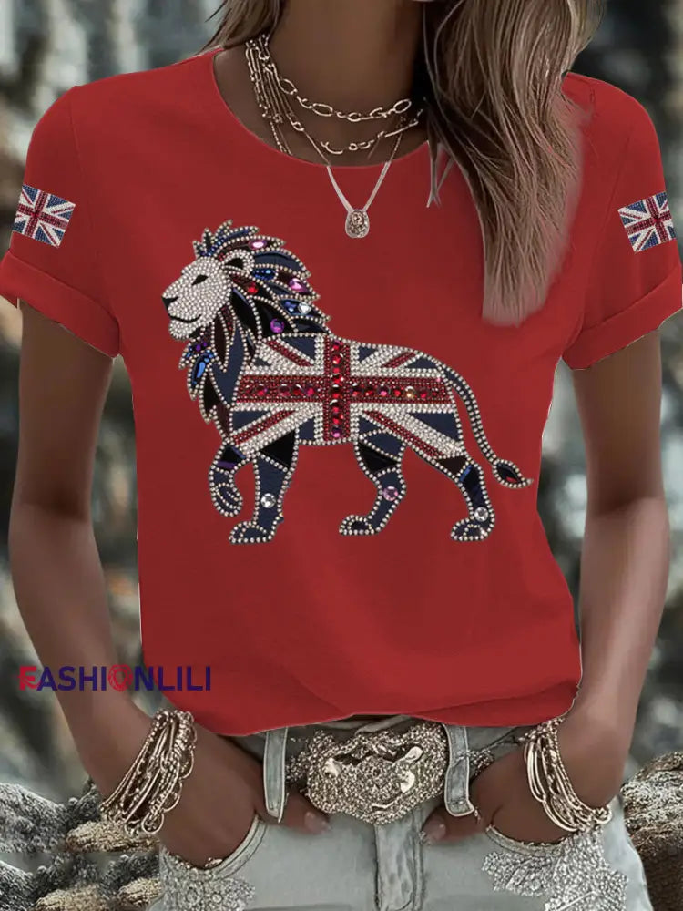 Women’s British imitation diamond hot drilling Printed Iron On Short Sleeve T Shirt Red / S