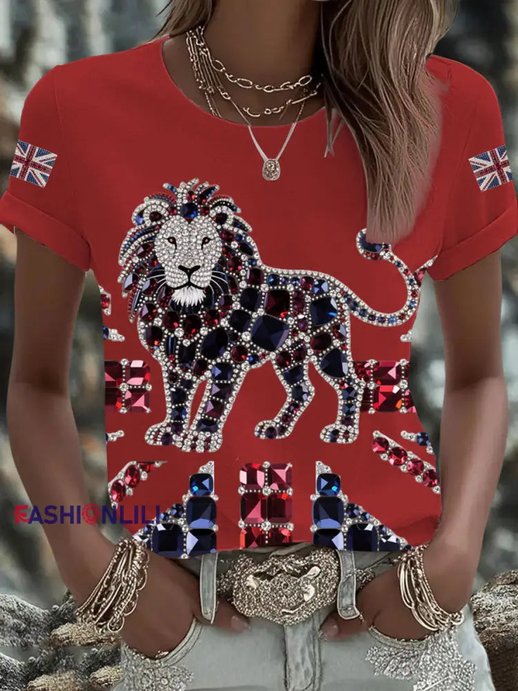 Women’s British imitation diamond hot drilling Printed Iron On Short Sleeve T Shirt Red / S