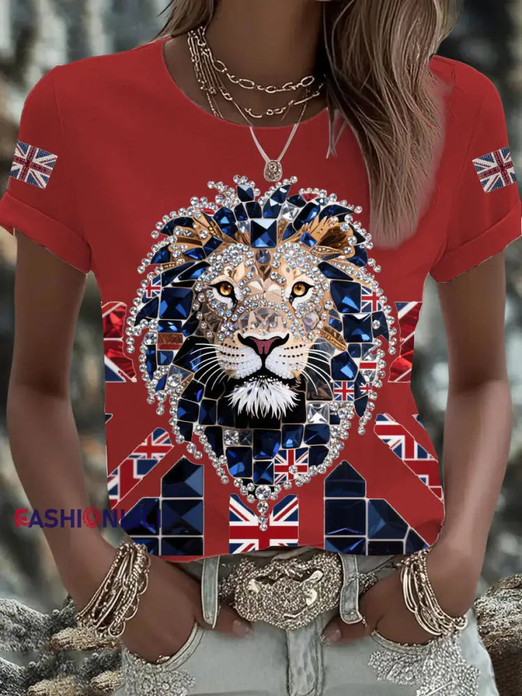 Women’s British imitation diamond hot drilling Printed Iron On Short Sleeve T Shirt Red / S