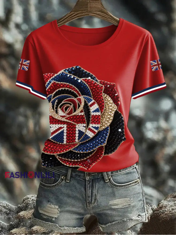 Women’s British imitation diamond hot drilling Printed Iron On Short Sleeve T Shirt Red / S