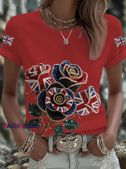 Women’s British imitation diamond hot drilling Printed Iron On Short Sleeve T Shirt Red / S
