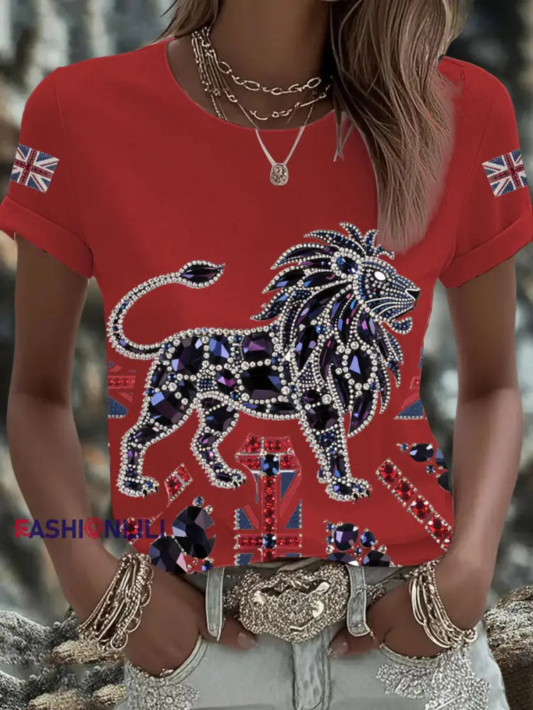 Women’s British imitation diamond hot drilling Printed Iron On Short Sleeve T Shirt Red / S